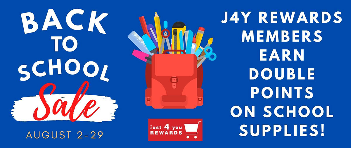 J4Y Rewards members earn double points on all school supplies now through August 29th!
